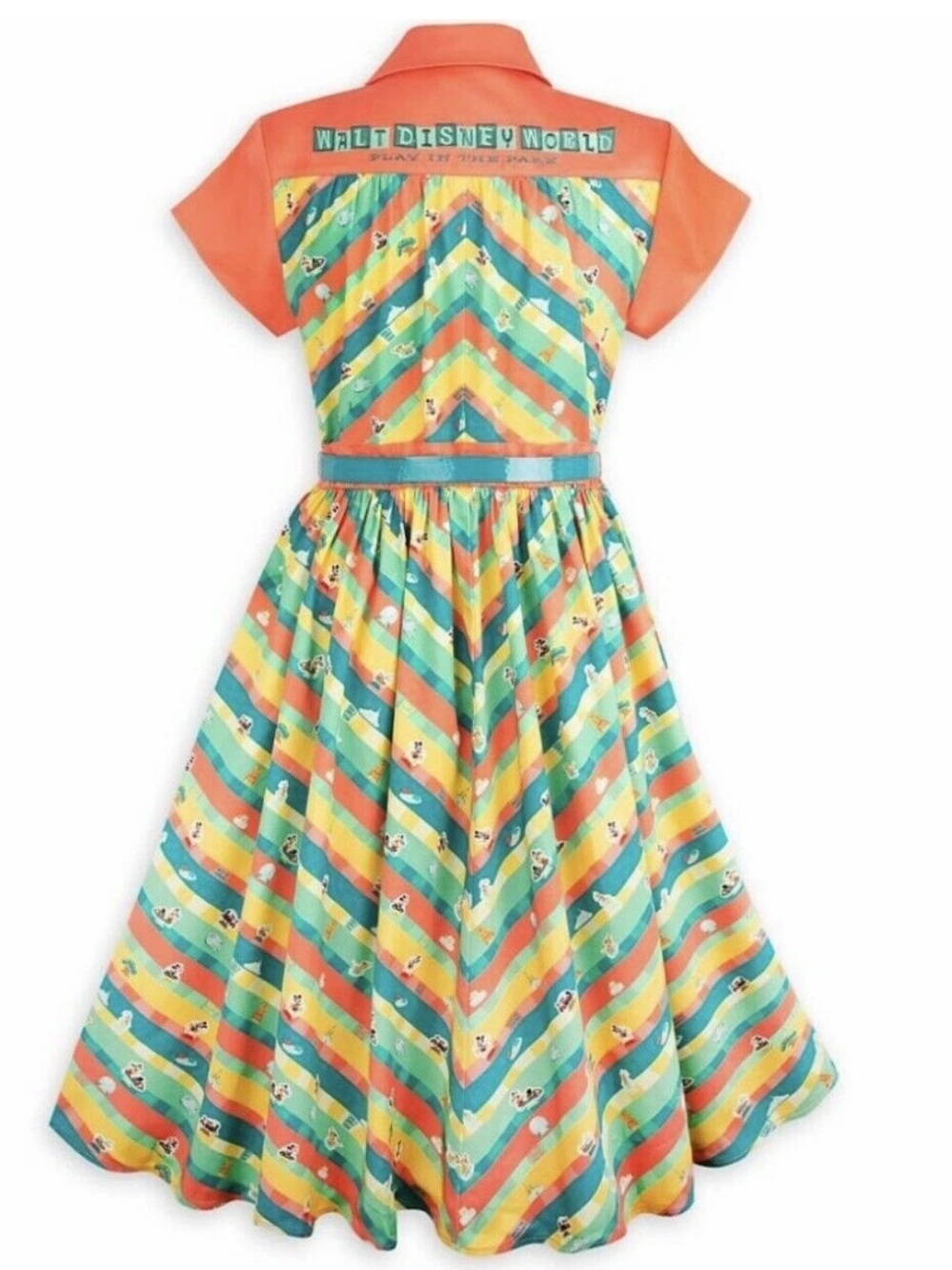 NWT Disney Belted Chevron Stripe Size 1X Full Skirt Dress in Teal & Coral - Picture 2 of 7